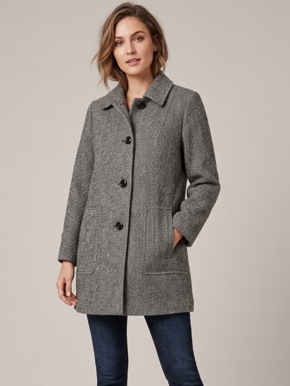 VTG Herman Kay Wool Blend Herringbone Coat Jacket Gray Made in USA No Size M